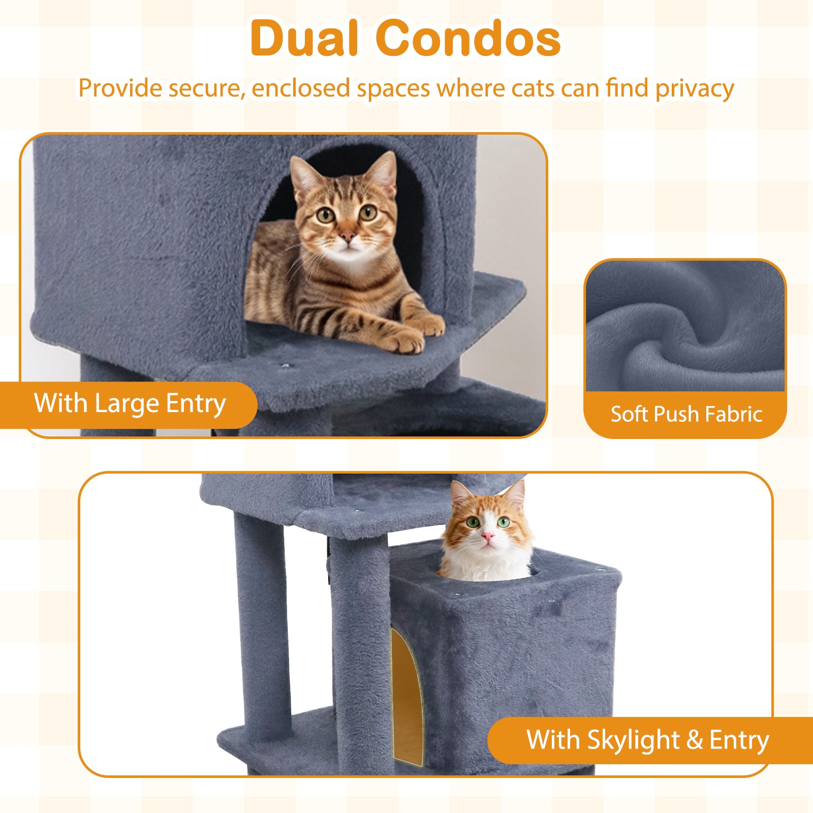 57 Inch Cat Tree with Dual Condos and Hammock and 2 Dangling Balls, Gray Cat Trees Condos & Scratchers at Gallery Canada