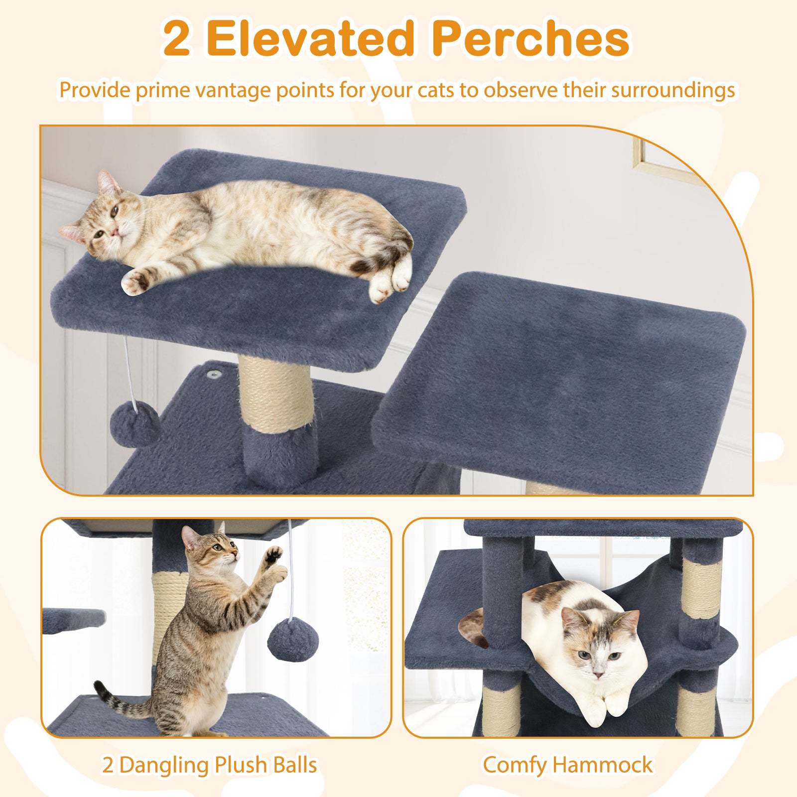57 Inch Cat Tree with Dual Condos and Hammock and 2 Dangling Balls, Gray Cat Trees Condos & Scratchers at Gallery Canada