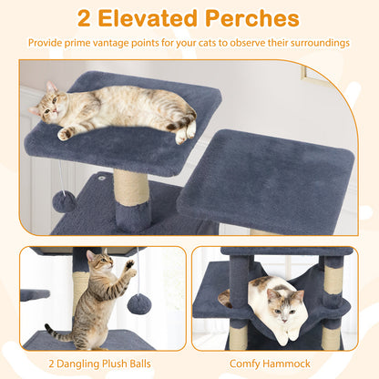 57 Inch Cat Tree with Dual Condos and Hammock and 2 Dangling Balls, Gray Cat Trees Condos & Scratchers at Gallery Canada