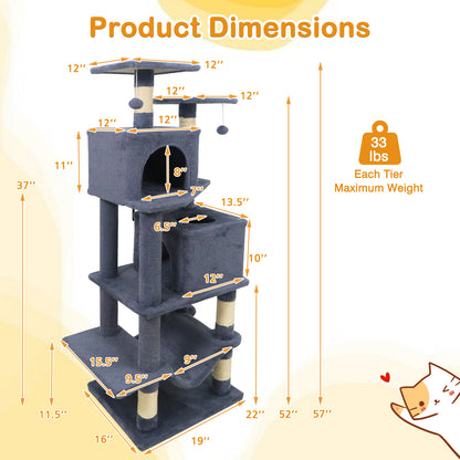 57 Inch Cat Tree with Dual Condos and Hammock and 2 Dangling Balls, Gray Cat Trees Condos & Scratchers at Gallery Canada