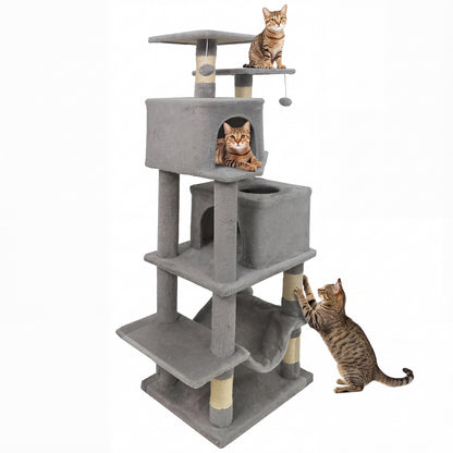 57 Inch Cat Tree with Dual Condos and Hammock and 2 Dangling Balls, Light Gray Cat Trees Condos & Scratchers Light Gray at Gallery Canada