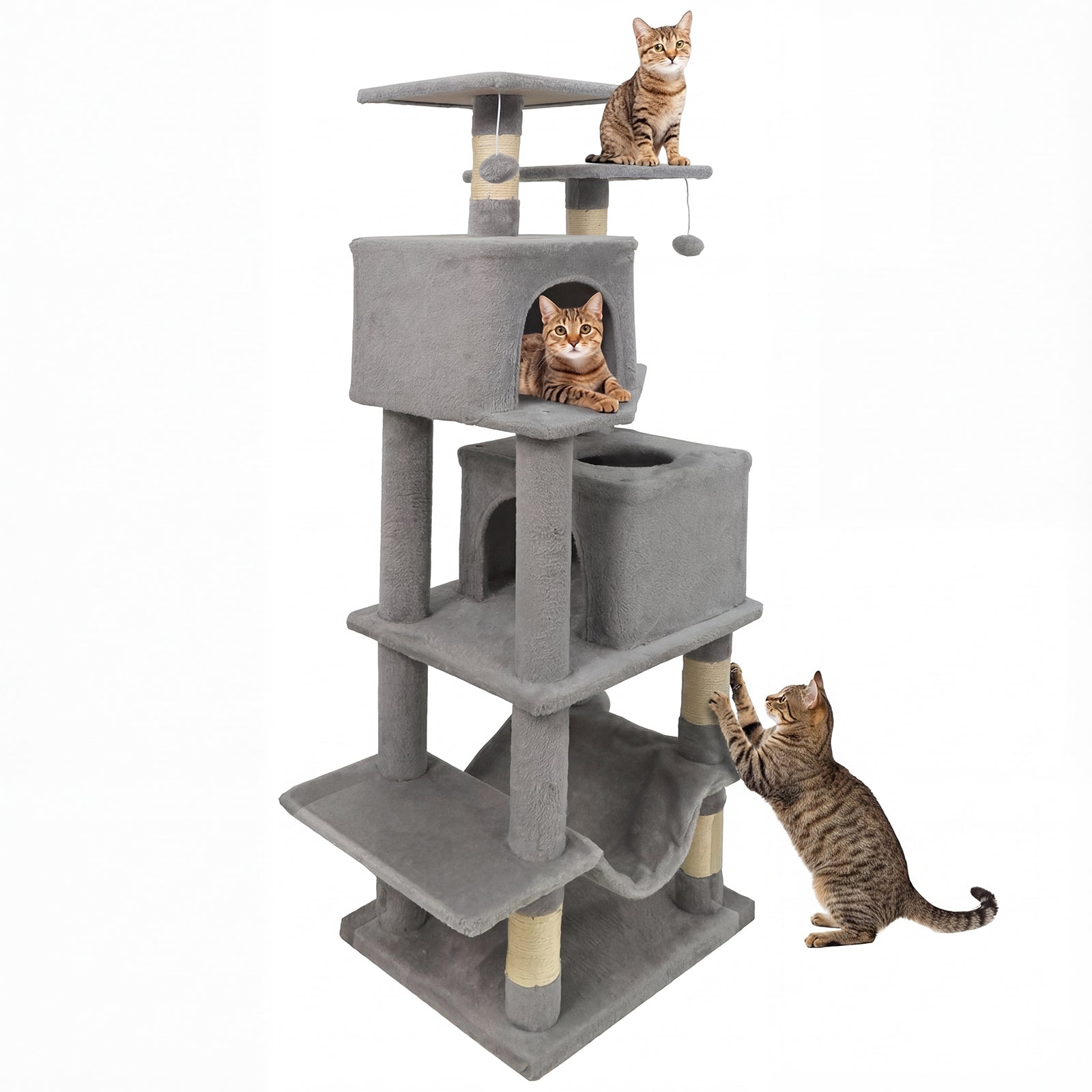 57 Inch Cat Tree with Dual Condos and Hammock and 2 Dangling Balls, Light Gray Cat Trees Condos & Scratchers Light Gray at Gallery Canada