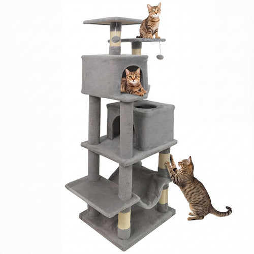 57 Inch Cat Tree with Dual Condos and Hammock and 2 Dangling Balls, Light Gray