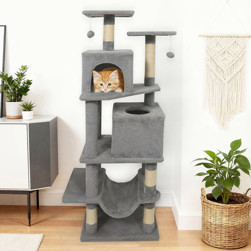 57 Inch Cat Tree with Dual Condos and Hammock and 2 Dangling Balls, Light Gray