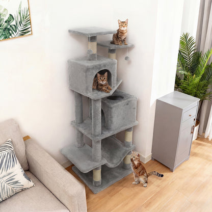 57 Inch Cat Tree with Dual Condos and Hammock and 2 Dangling Balls, Light Gray Cat Trees Condos & Scratchers at Gallery Canada