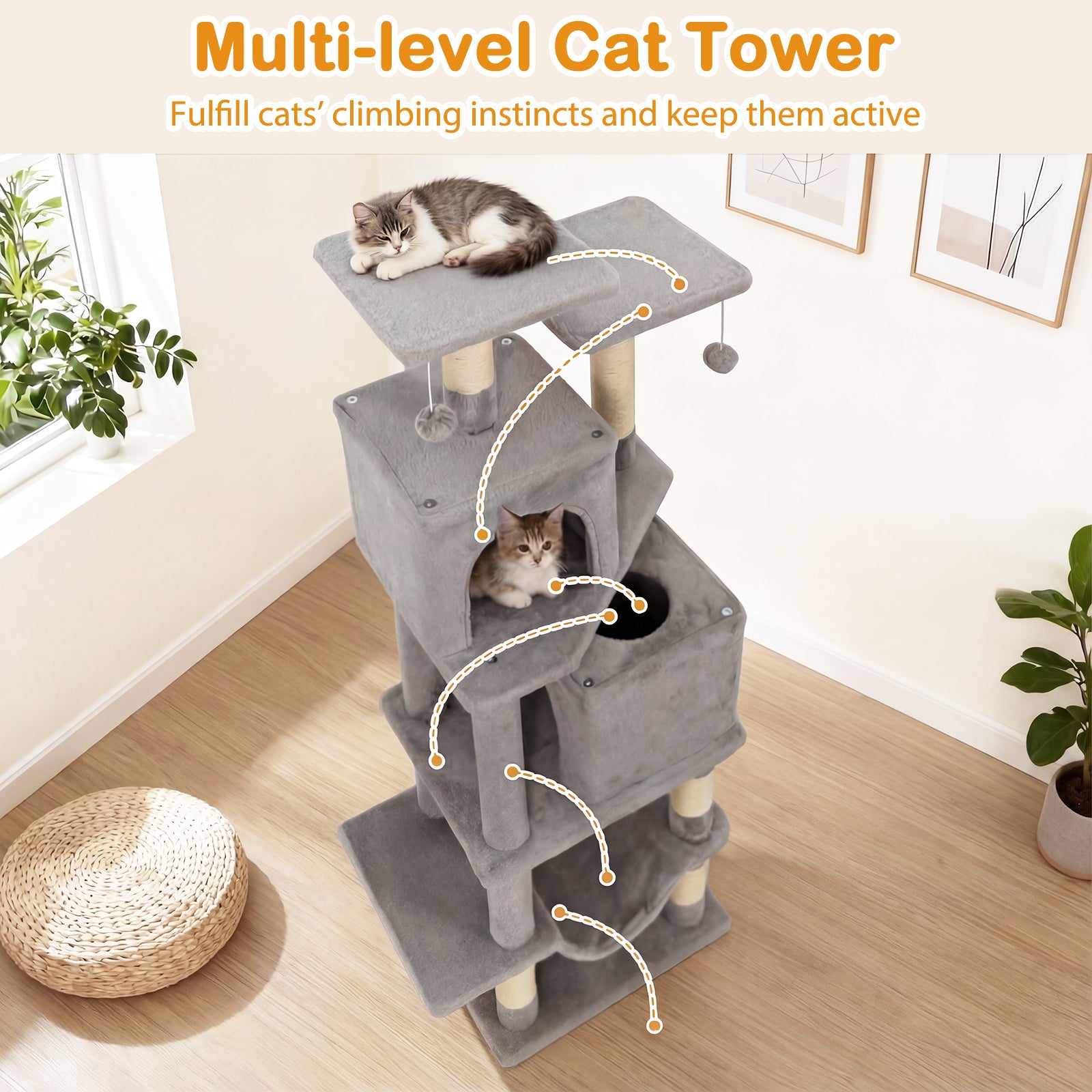 57 Inch Cat Tree with Dual Condos and Hammock and 2 Dangling Balls, Light Gray Cat Trees Condos & Scratchers at Gallery Canada