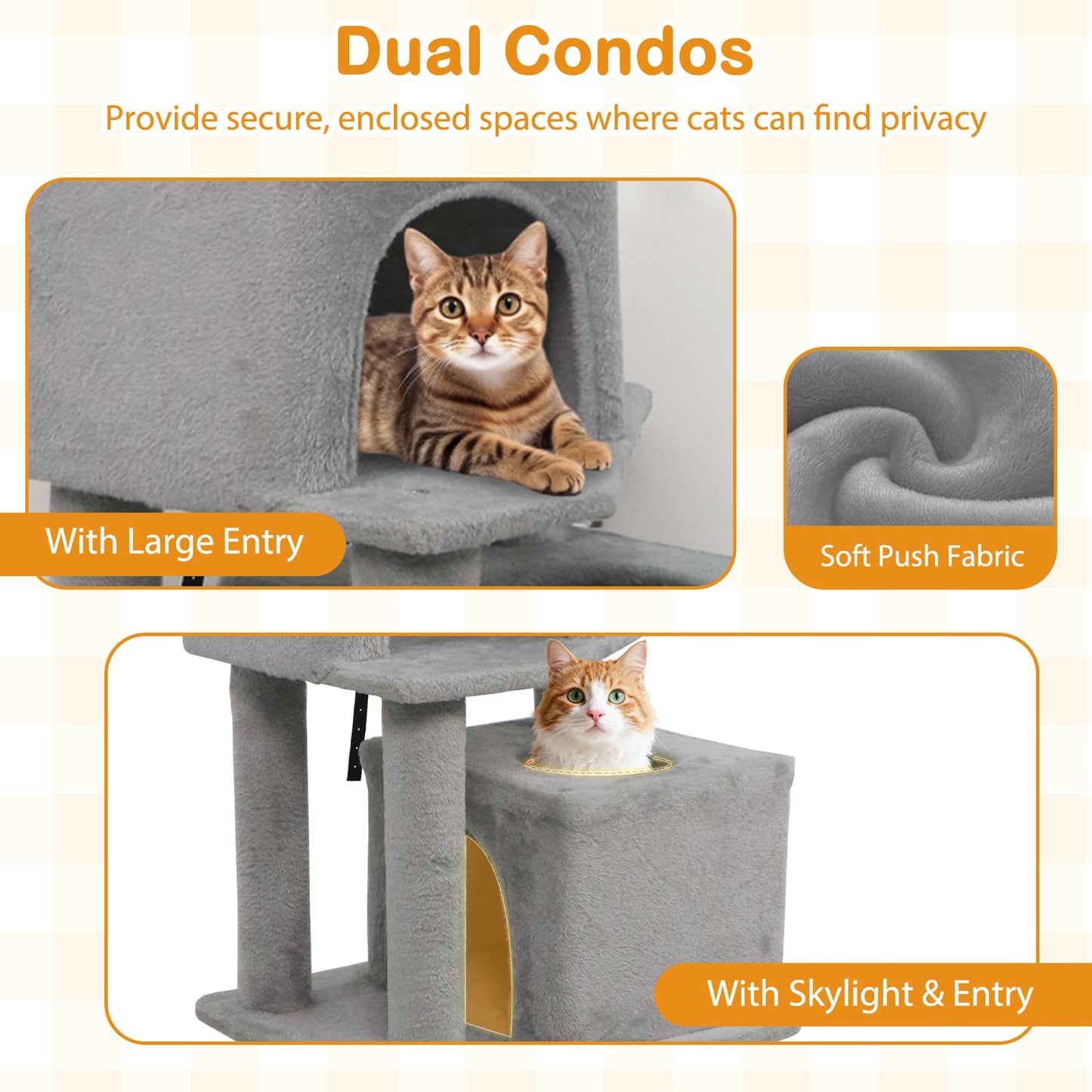 57 Inch Cat Tree with Dual Condos and Hammock and 2 Dangling Balls, Light Gray Cat Trees Condos & Scratchers at Gallery Canada