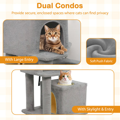 57 Inch Cat Tree with Dual Condos and Hammock and 2 Dangling Balls, Light Gray Cat Trees Condos & Scratchers at Gallery Canada