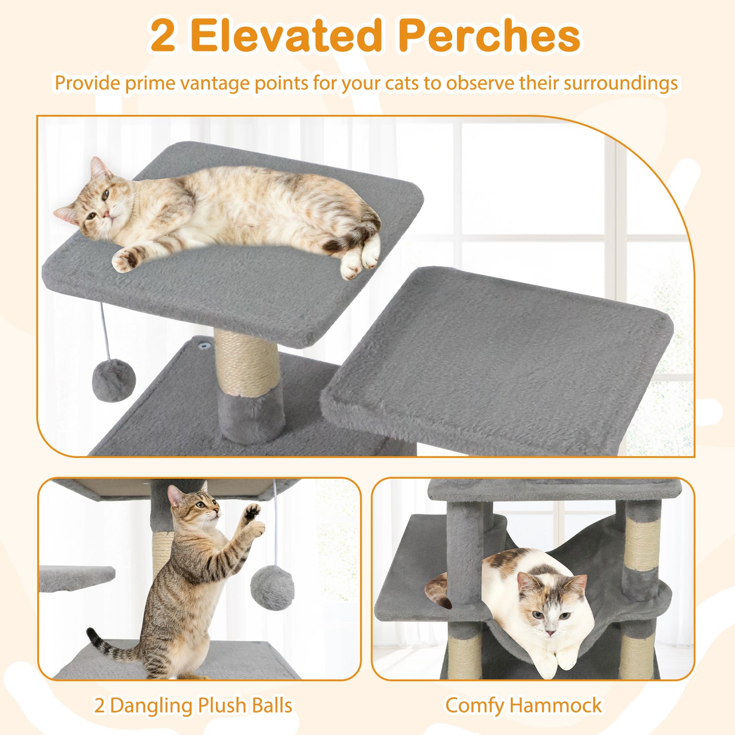 57 Inch Cat Tree with Dual Condos and Hammock and 2 Dangling Balls, Light Gray Cat Trees Condos & Scratchers at Gallery Canada