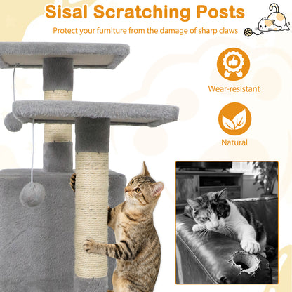 57 Inch Cat Tree with Dual Condos and Hammock and 2 Dangling Balls, Light Gray Cat Trees Condos & Scratchers at Gallery Canada