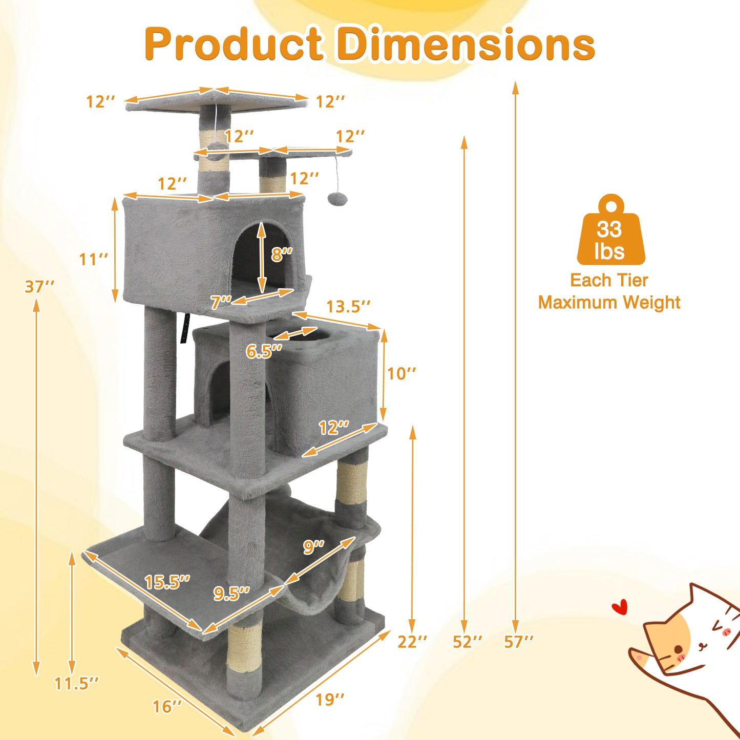 57 Inch Cat Tree with Dual Condos and Hammock and 2 Dangling Balls, Light Gray Cat Trees Condos & Scratchers at Gallery Canada