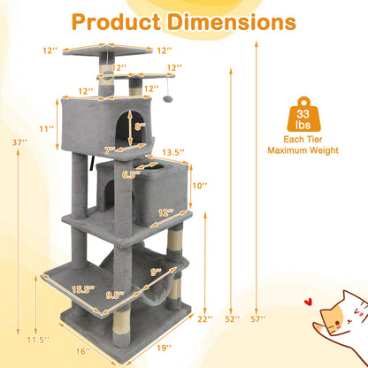 57 Inch Cat Tree with Dual Condos and Hammock and 2 Dangling Balls, Light Gray Cat Trees Condos & Scratchers at Gallery Canada