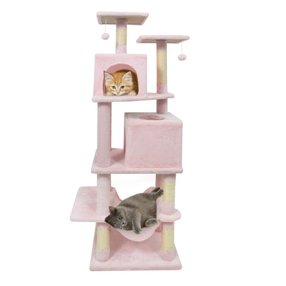57 Inch Cat Tree with Dual Condos and Hammock and 2 Dangling Balls, Pink Cat Trees Condos & Scratchers at Gallery Canada