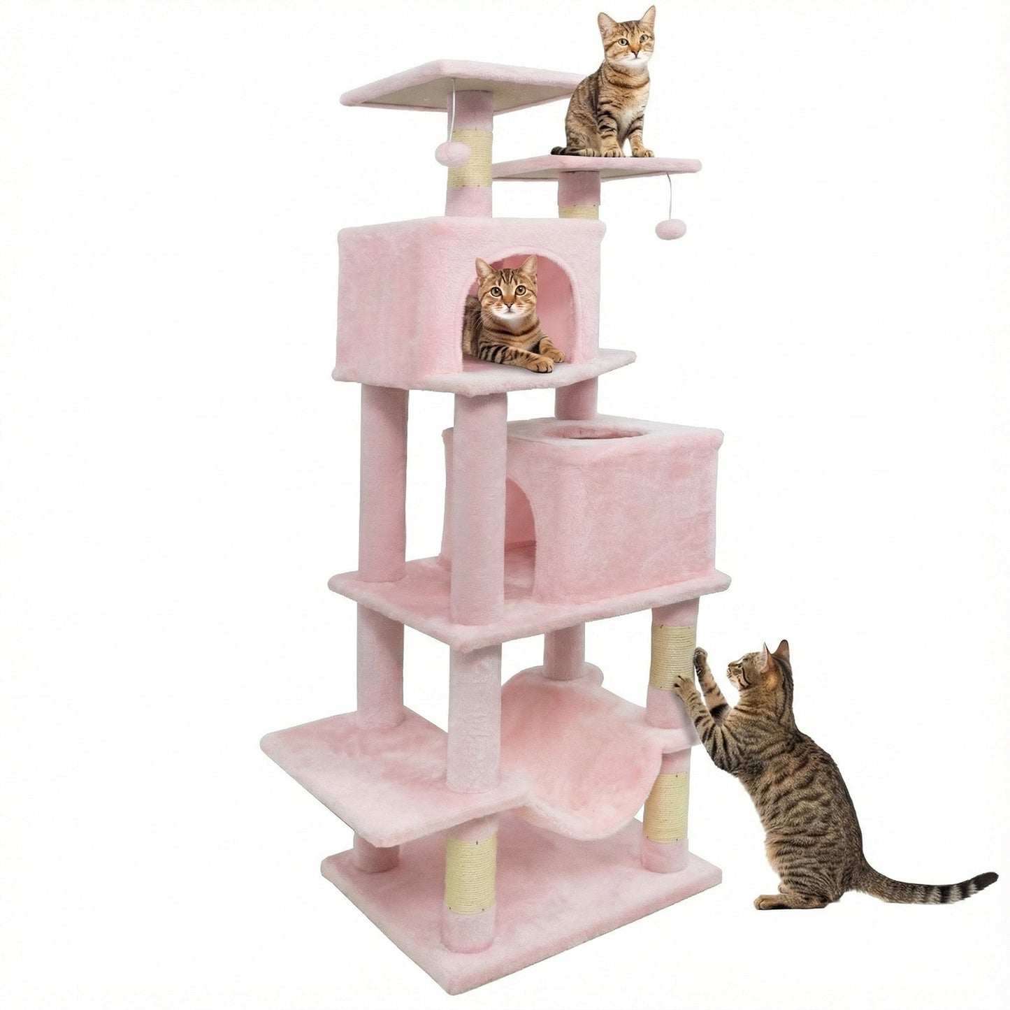 57 Inch Cat Tree with Dual Condos and Hammock and 2 Dangling Balls, Pink Cat Trees Condos & Scratchers Pink at Gallery Canada