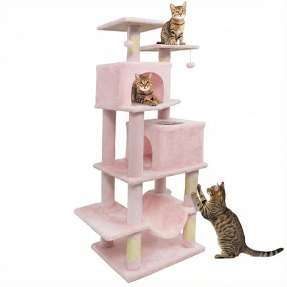 57 Inch Cat Tree with Dual Condos and Hammock and 2 Dangling Balls, Pink Cat Trees Condos & Scratchers Pink at Gallery Canada