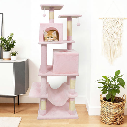 57 Inch Cat Tree with Dual Condos and Hammock and 2 Dangling Balls, Pink