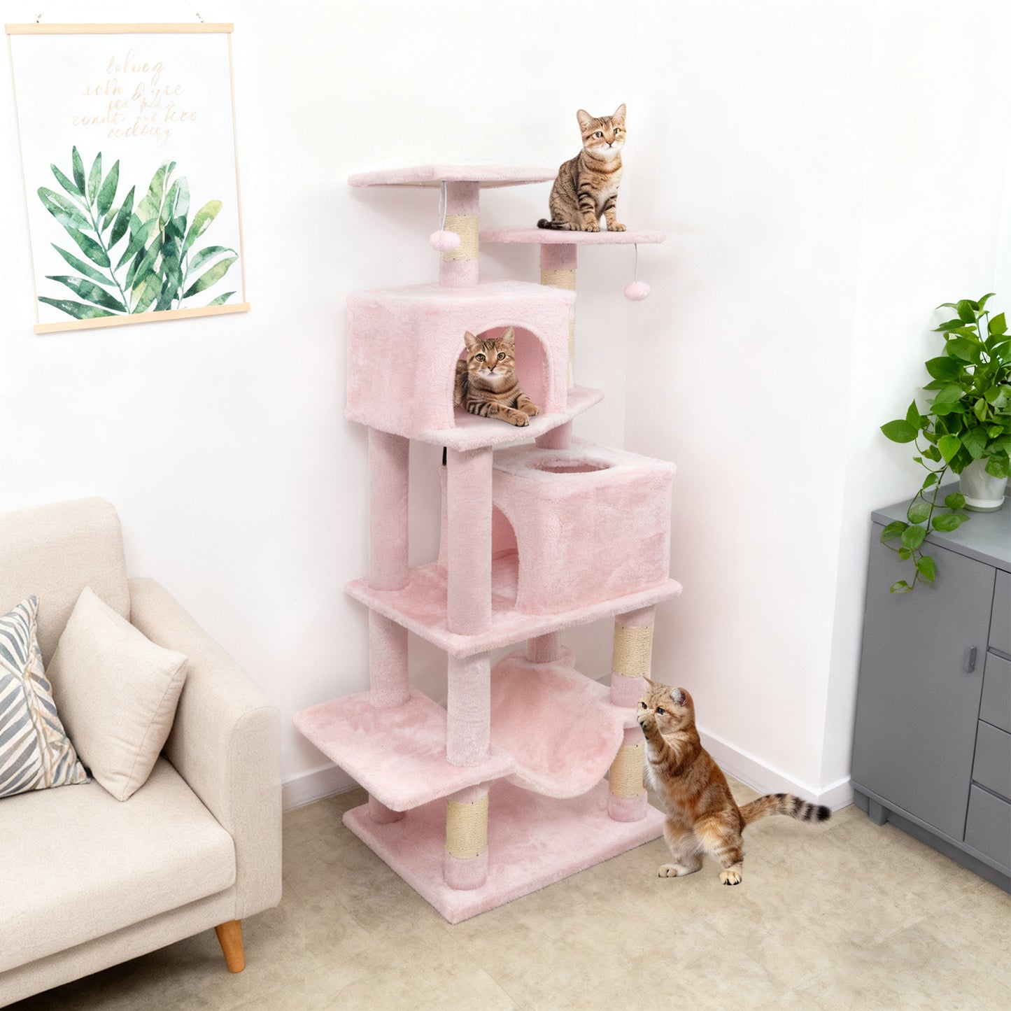 57 Inch Cat Tree with Dual Condos and Hammock and 2 Dangling Balls, Pink Cat Trees Condos & Scratchers at Gallery Canada