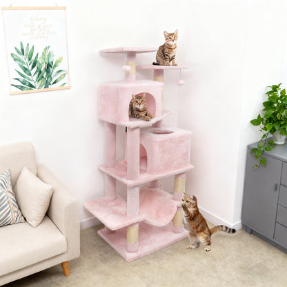57 Inch Cat Tree with Dual Condos and Hammock and 2 Dangling Balls, Pink Cat Trees Condos & Scratchers at Gallery Canada