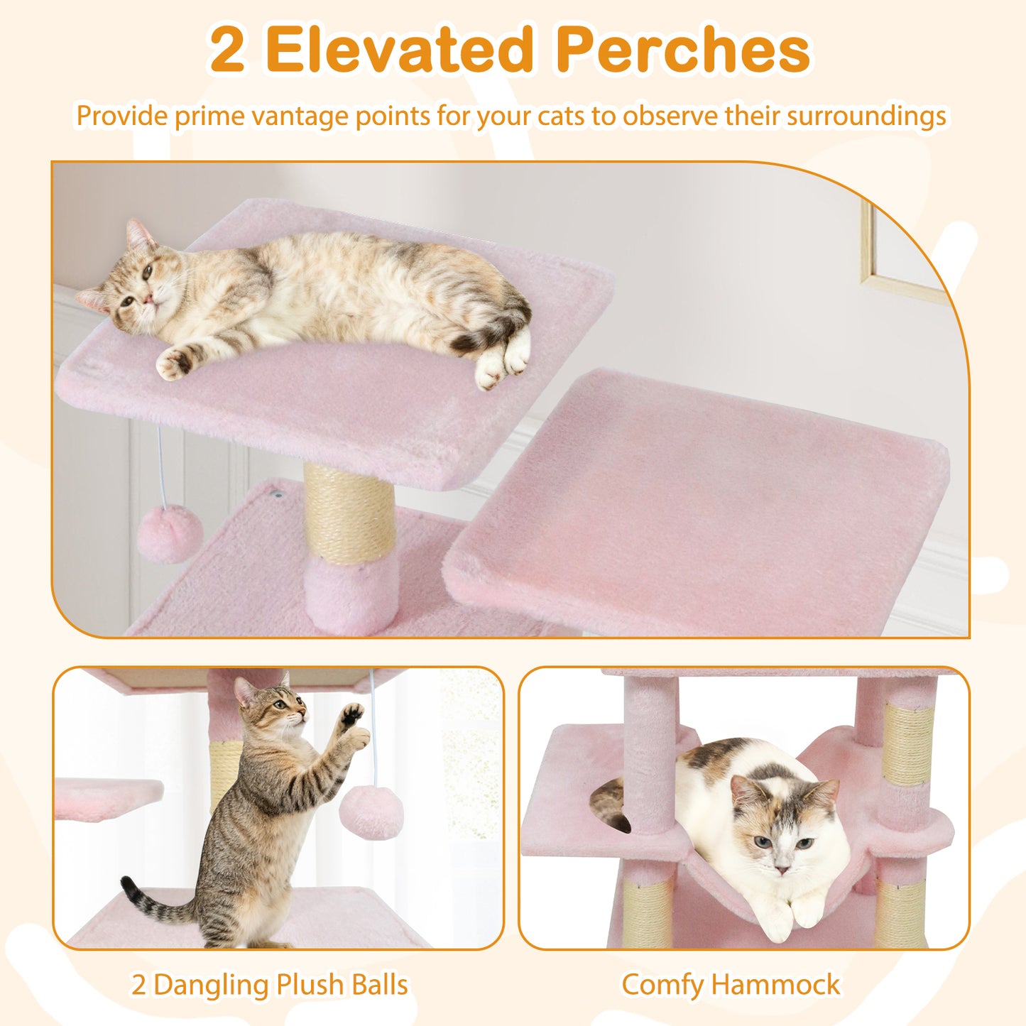 57 Inch Cat Tree with Dual Condos and Hammock and 2 Dangling Balls, Pink Cat Trees Condos & Scratchers at Gallery Canada