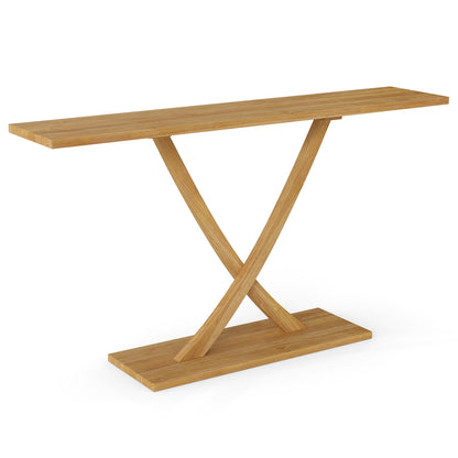 57 Inch Solid Wood Console Table with Teak Wood Frame and Geometric Design, Natural Console Tables at Gallery Canada