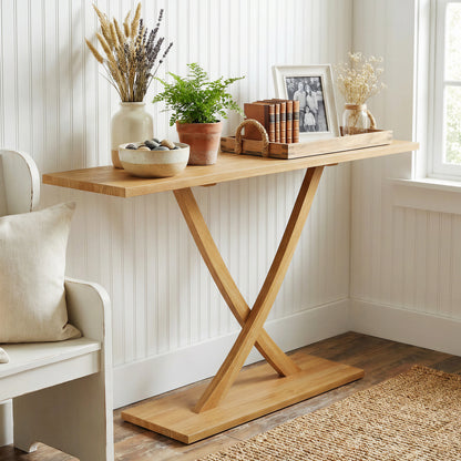 57 Inch Solid Wood Console Table with Teak Wood Frame and Geometric Design, Natural Console Tables at Gallery Canada