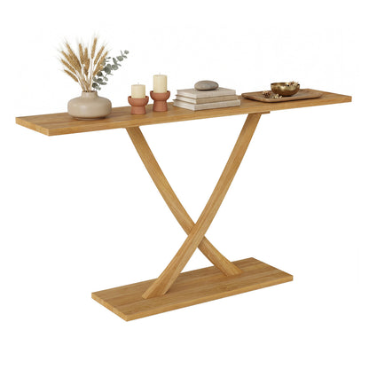 57 Inch Solid Wood Console Table with Teak Wood Frame and Geometric Design, Natural Console Tables Natural at Gallery Canada