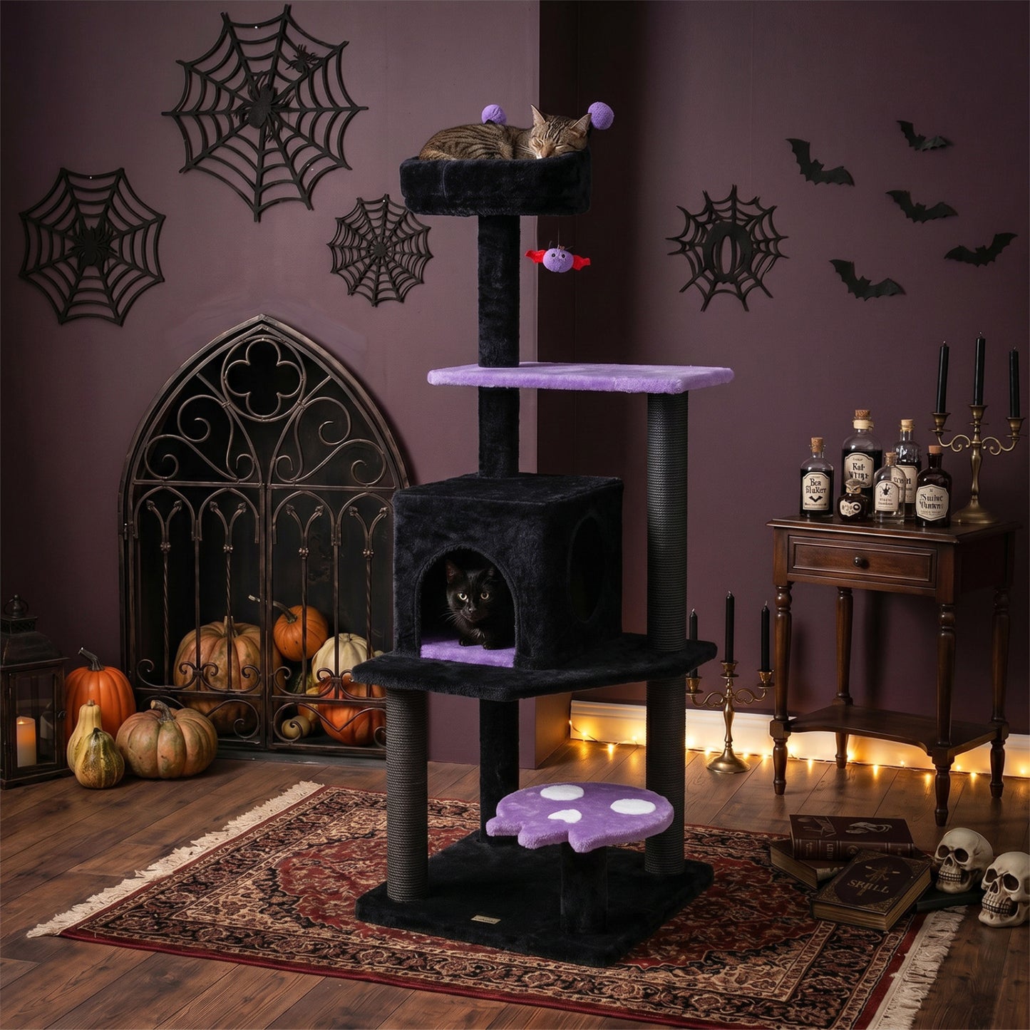 57" Spooky Cat Tower with Padded Perch and Spider-shaped Hanging Toy, Purple Cat Trees Condos & Scratchers at Gallery Canada
