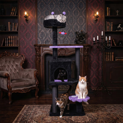 57" Spooky Cat Tower with Padded Perch and Spider-shaped Hanging Toy, Purple Cat Trees Condos & Scratchers at Gallery Canada