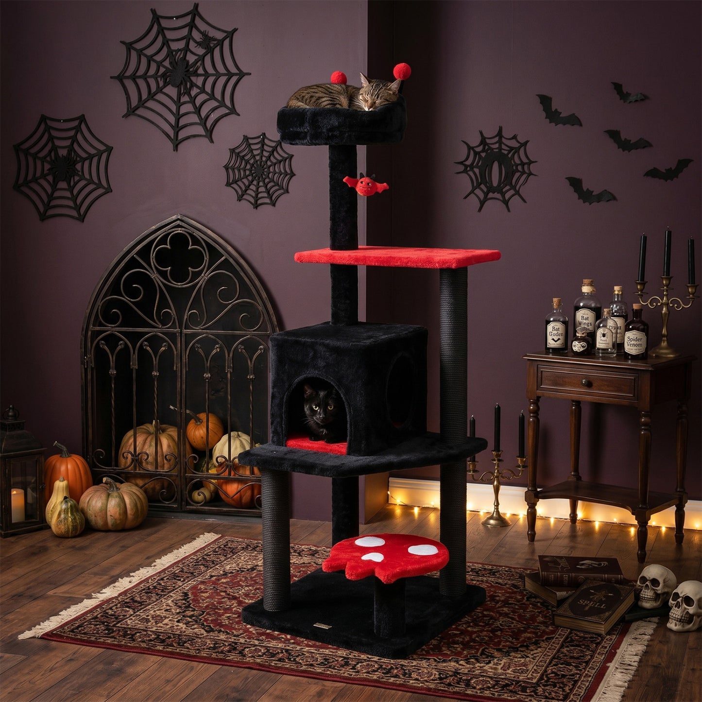 57" Spooky Cat Tower with Padded Perch and Spider-shaped Hanging Toy, Red Cat Trees Condos & Scratchers at Gallery Canada