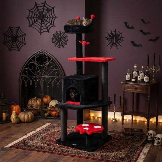 57" Spooky Cat Tower with Padded Perch and Spider-shaped Hanging Toy, Red Cat Trees Condos & Scratchers Red at Gallery Canada