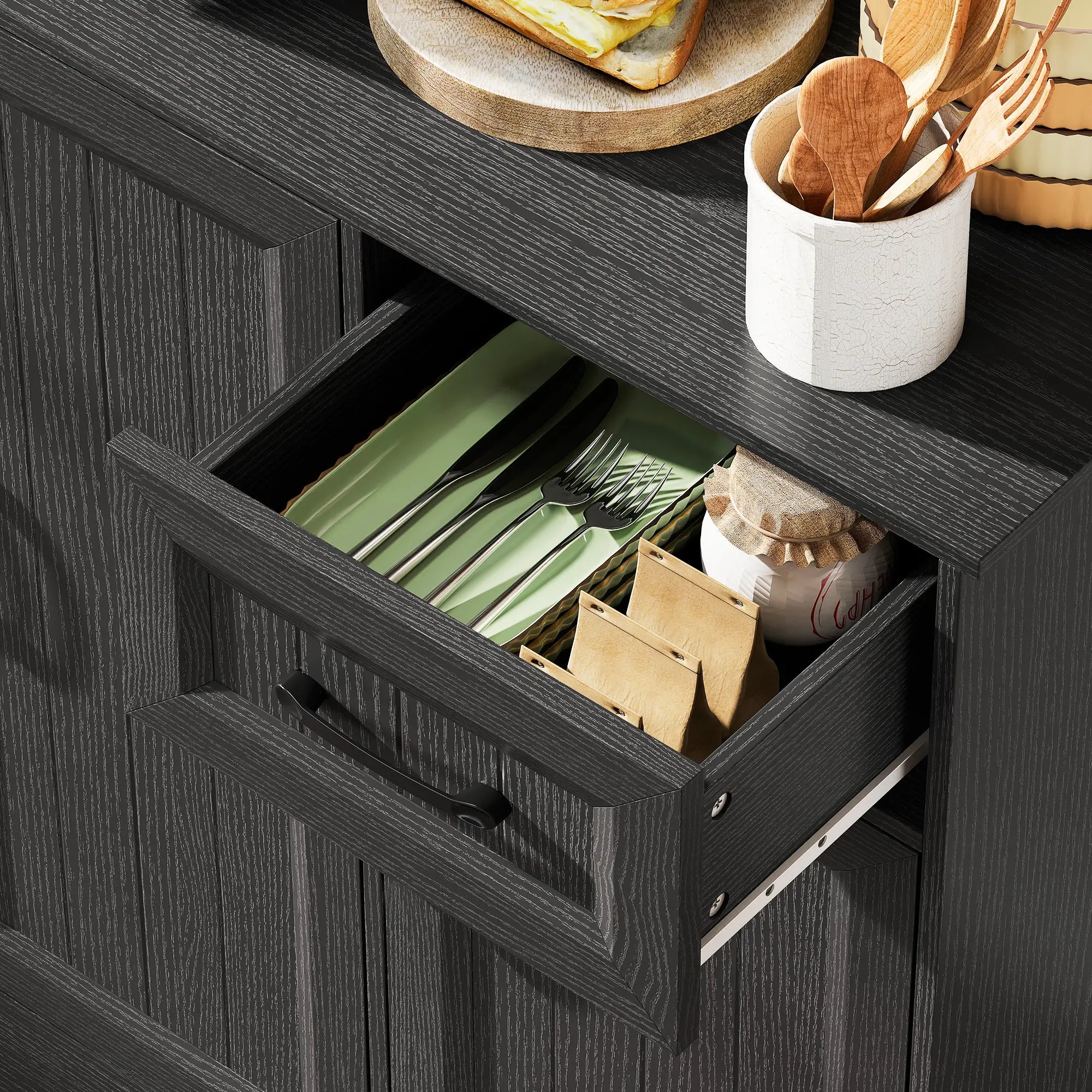 71 Inch Pantry Cabinet with Charging Station, Microwave Stand, Adjustable Shelves, Black Kitchen Pantry Cabinets at Gallery Canada