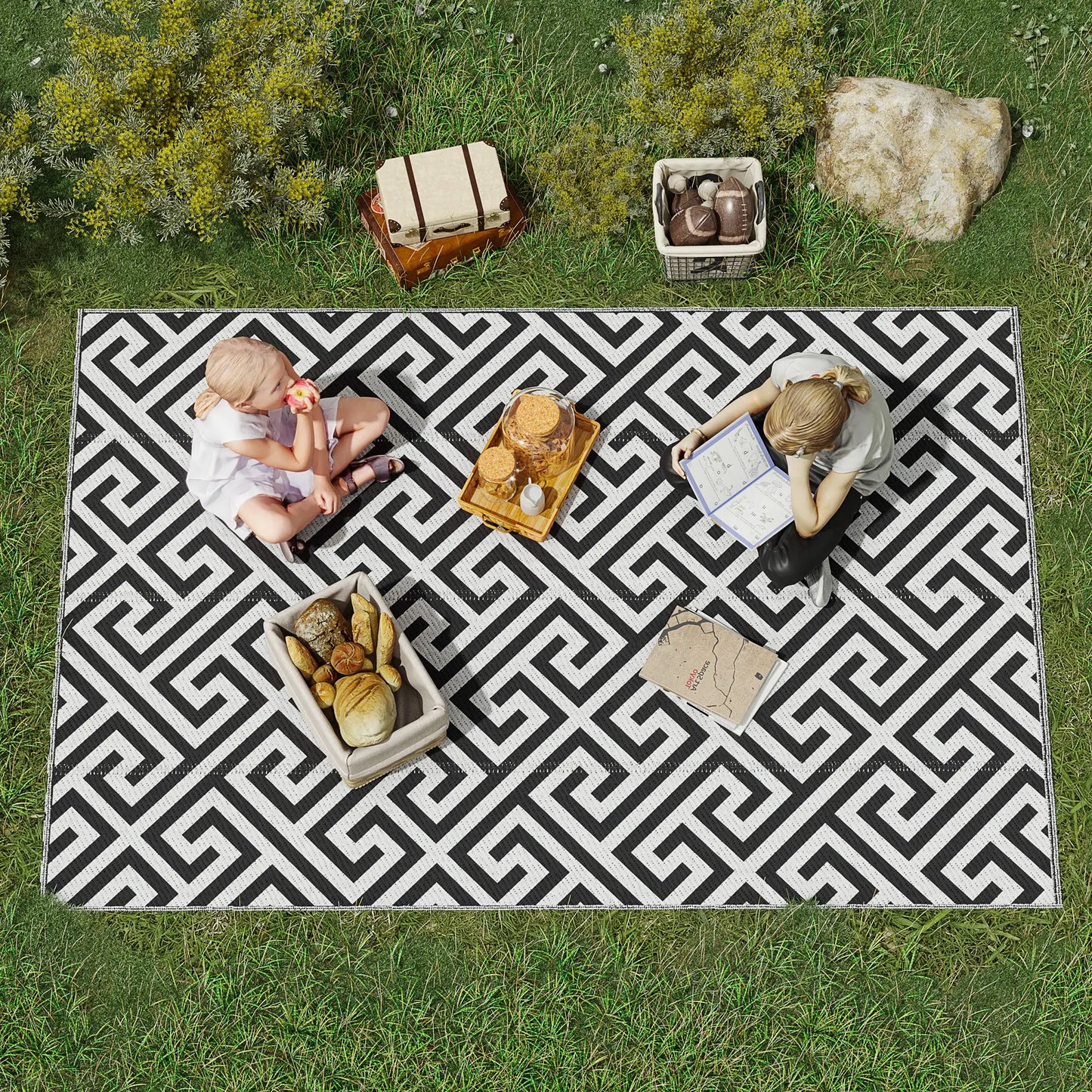 Reversible Outdoor RV Rug, Patio Floor Mat, 5' x 8', Black & White Garden Decor at Gallery Canada