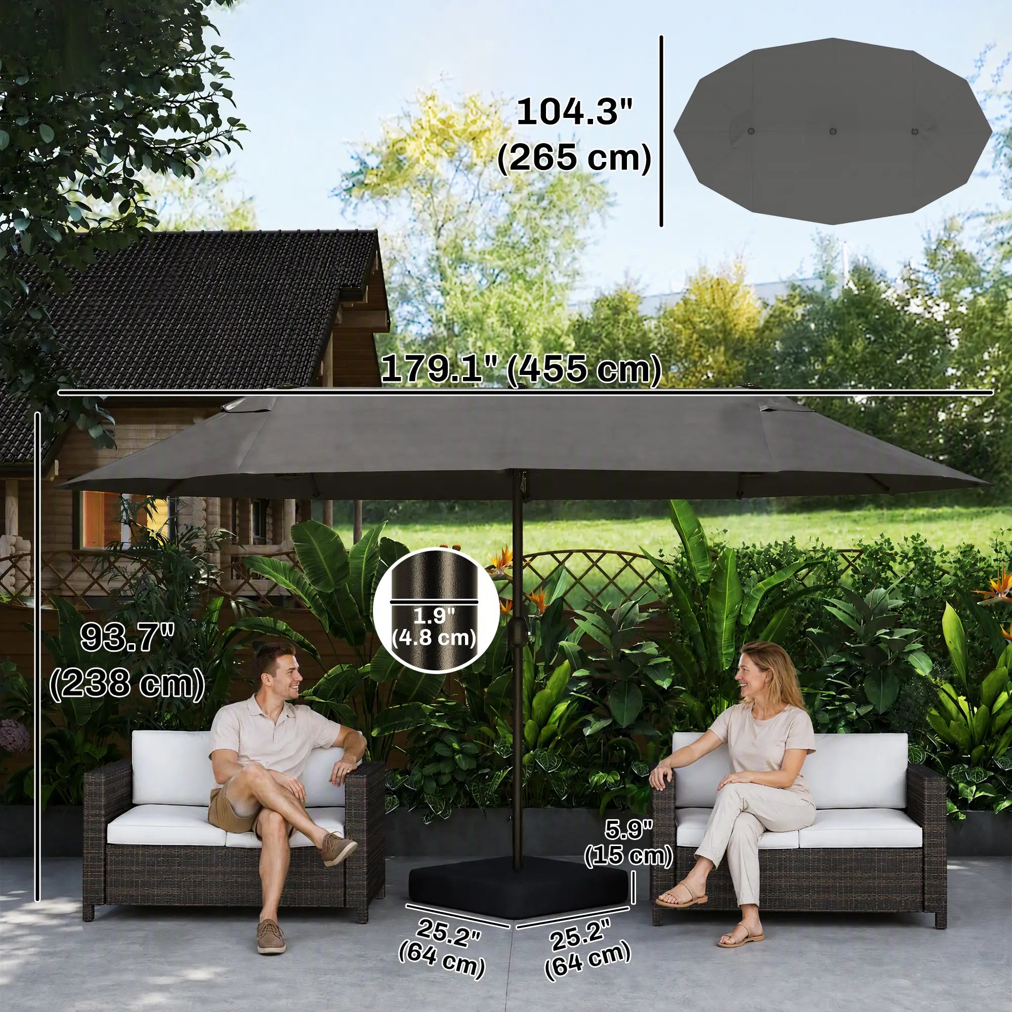 15' Outdoor Patio Umbrella, Twin Canopy Sunshade, Steel Table, Lift Crank, Dark Grey Sun Umbrellas at Gallery Canada