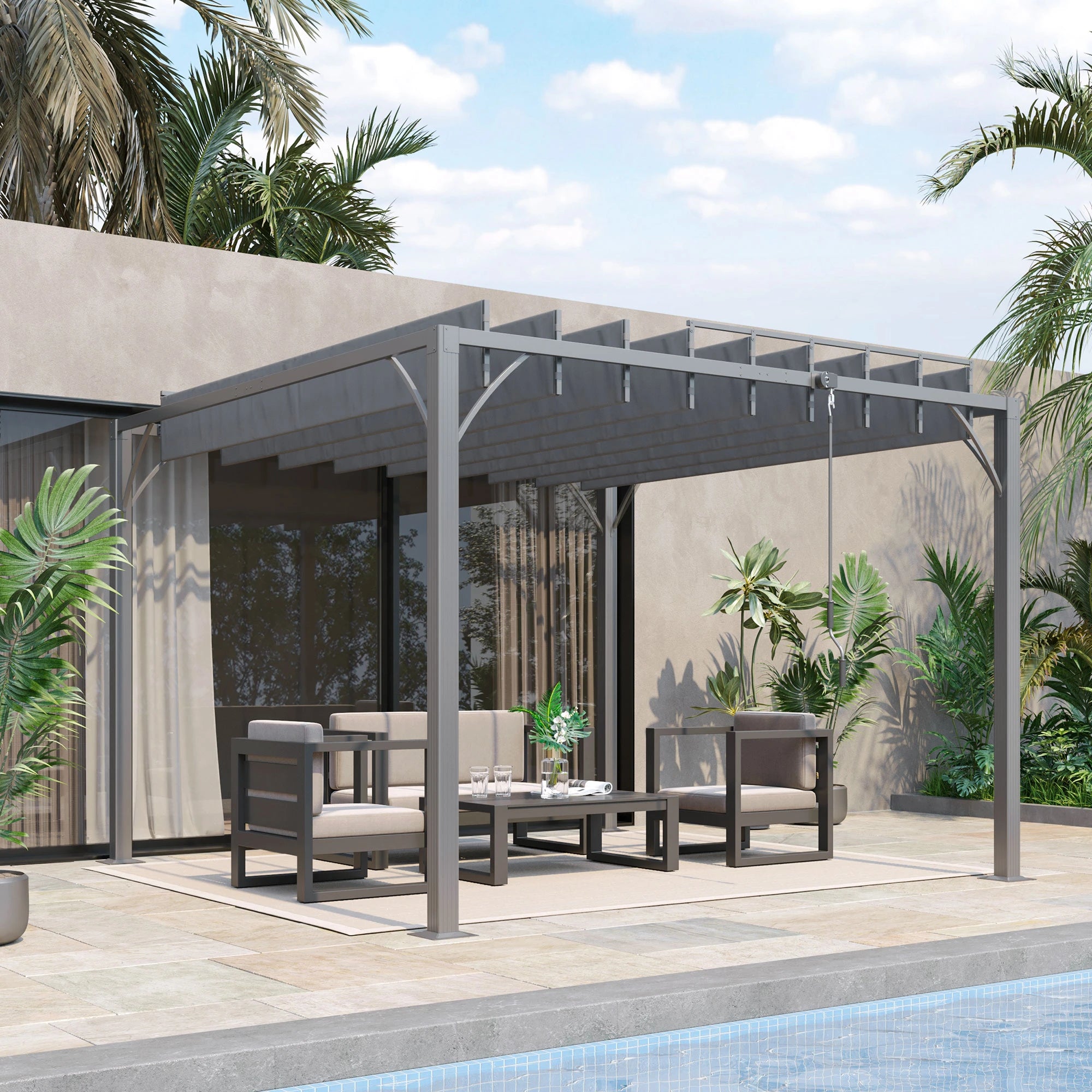 9.5' x 9.7' Outdoor Pergola, Retractable Roof, Aluminium Louvered Canopy, Grey Pergolas at Gallery Canada