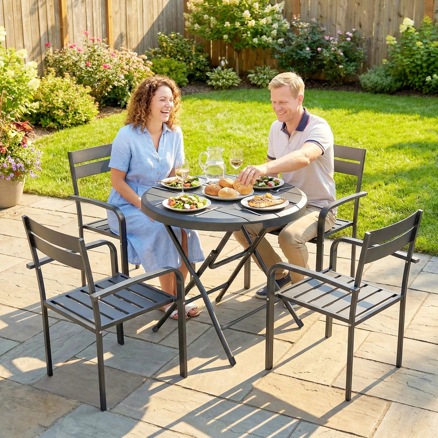 Foldable Round Outdoor Dining Table for 4, HDPE Tabletop, Steel Frame, Dark Grey Patio Dinning Tables at Gallery Canada