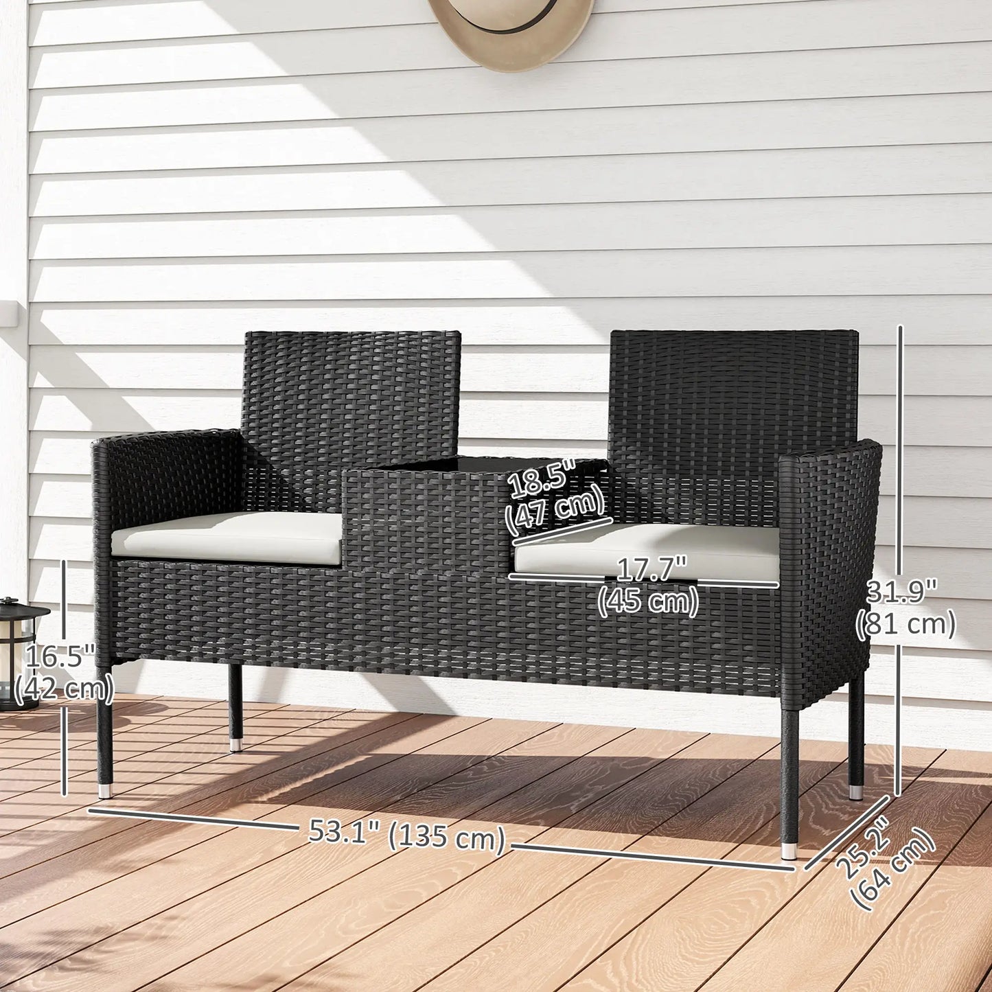 PE Rattan Loveseat with Cushion, Mid-Table, Cream White Patio Chairs at Gallery Canada