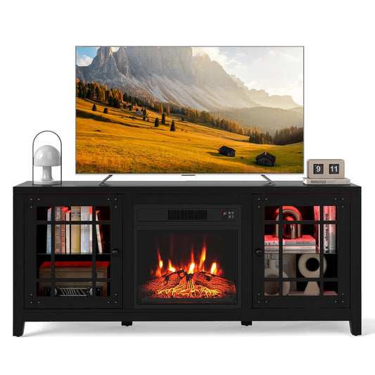 58" Fireplace TV Stand with LED Lights and 18" Electric Fireplace, Black Fireplaces Black at Gallery Canada