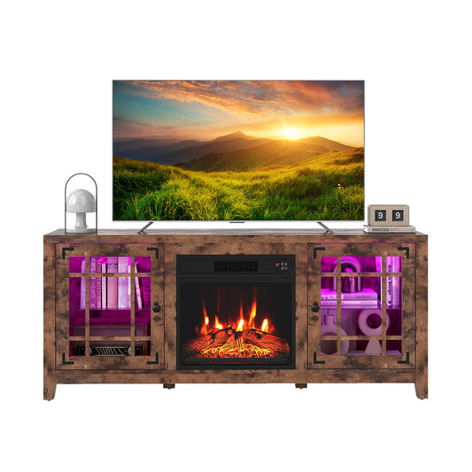 58" Fireplace TV Stand with LED Lights and 18" Electric Fireplace, Rustic Brown Fireplaces Rustic Brown at Gallery Canada