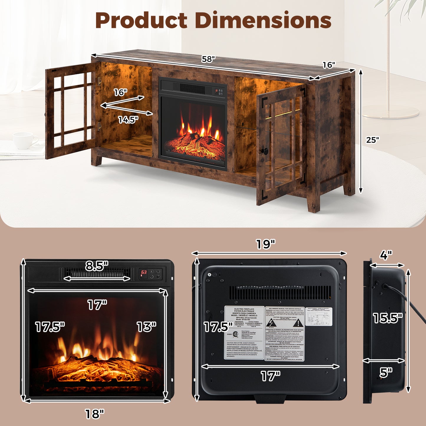 58" Fireplace TV Stand with LED Lights and 18" Electric Fireplace, Rustic Brown Fireplaces at Gallery Canada