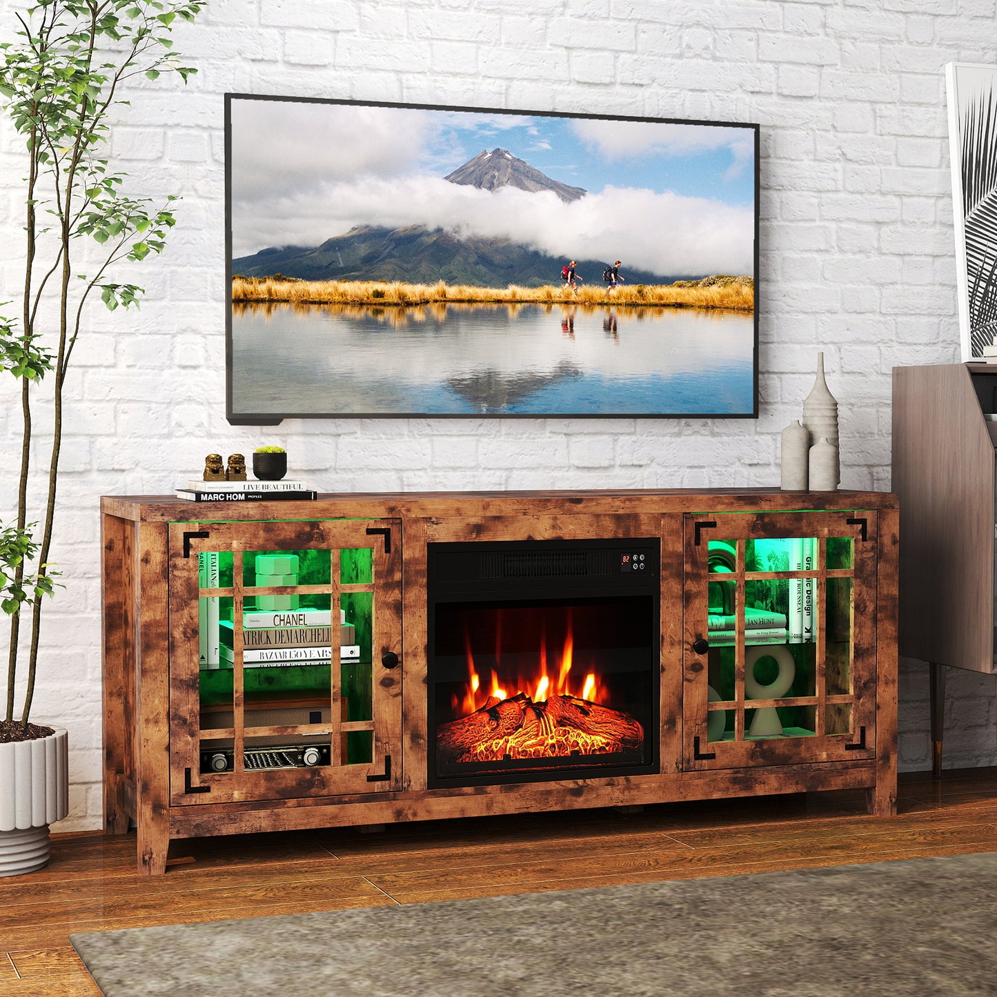 58" Fireplace TV Stand with LED Lights and 18" Electric Fireplace, Rustic Brown Fireplaces at Gallery Canada