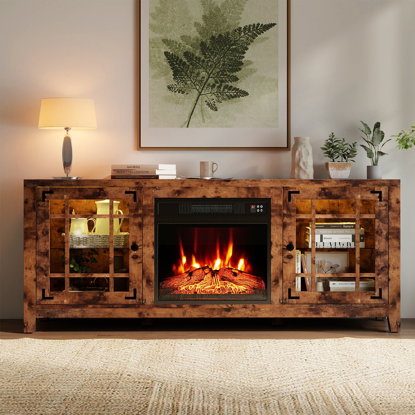58" Fireplace TV Stand with LED Lights and 18" Electric Fireplace, Rustic Brown Fireplaces at Gallery Canada