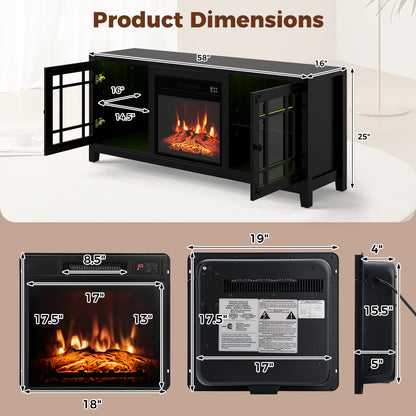 58" Fireplace TV Stand with LED Lights and 18" Electric Fireplace, Black Fireplaces at Gallery Canada