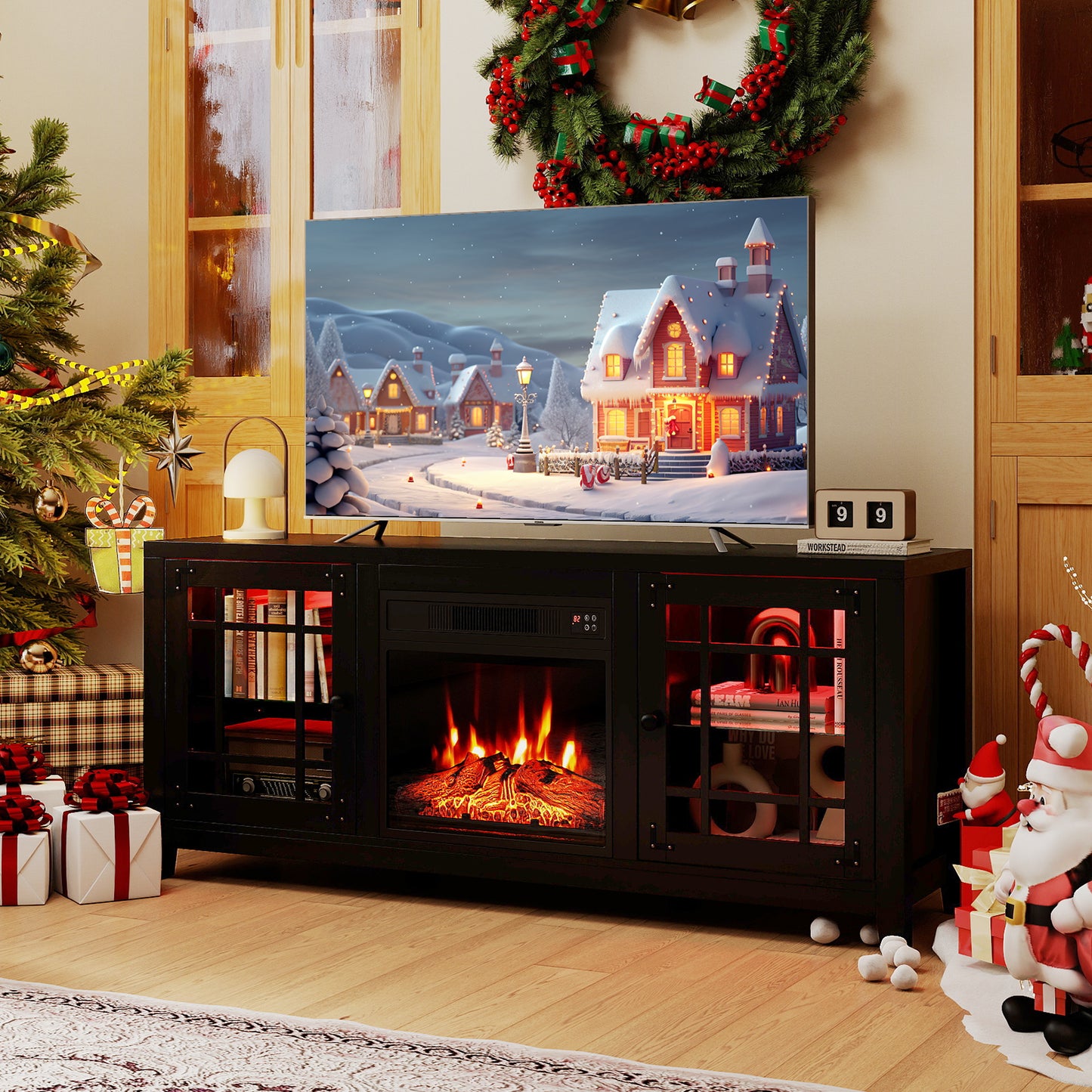 58" Fireplace TV Stand with LED Lights and 18" Electric Fireplace, Black Fireplaces at Gallery Canada