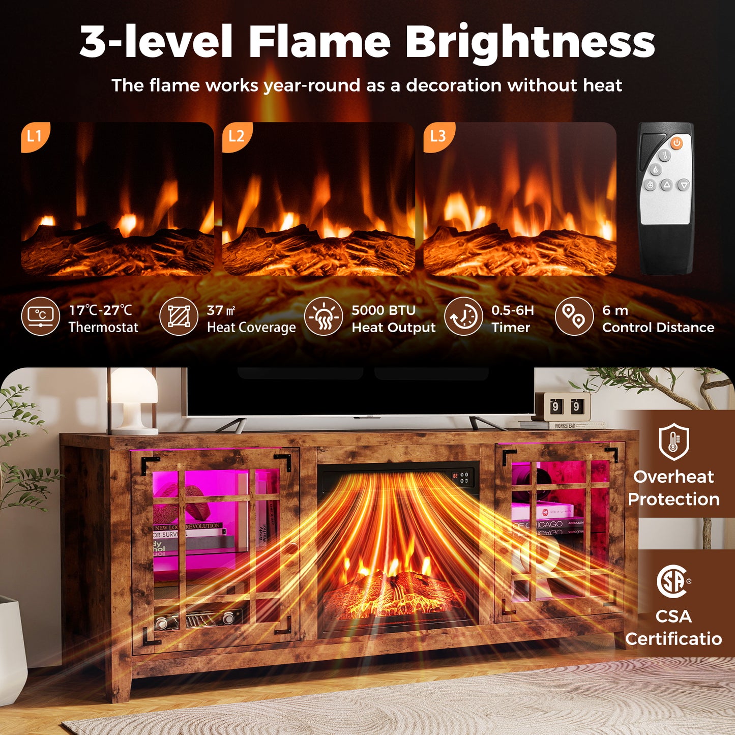 58" Fireplace TV Stand with LED Lights and 18" Electric Fireplace, Rustic Brown Fireplaces at Gallery Canada
