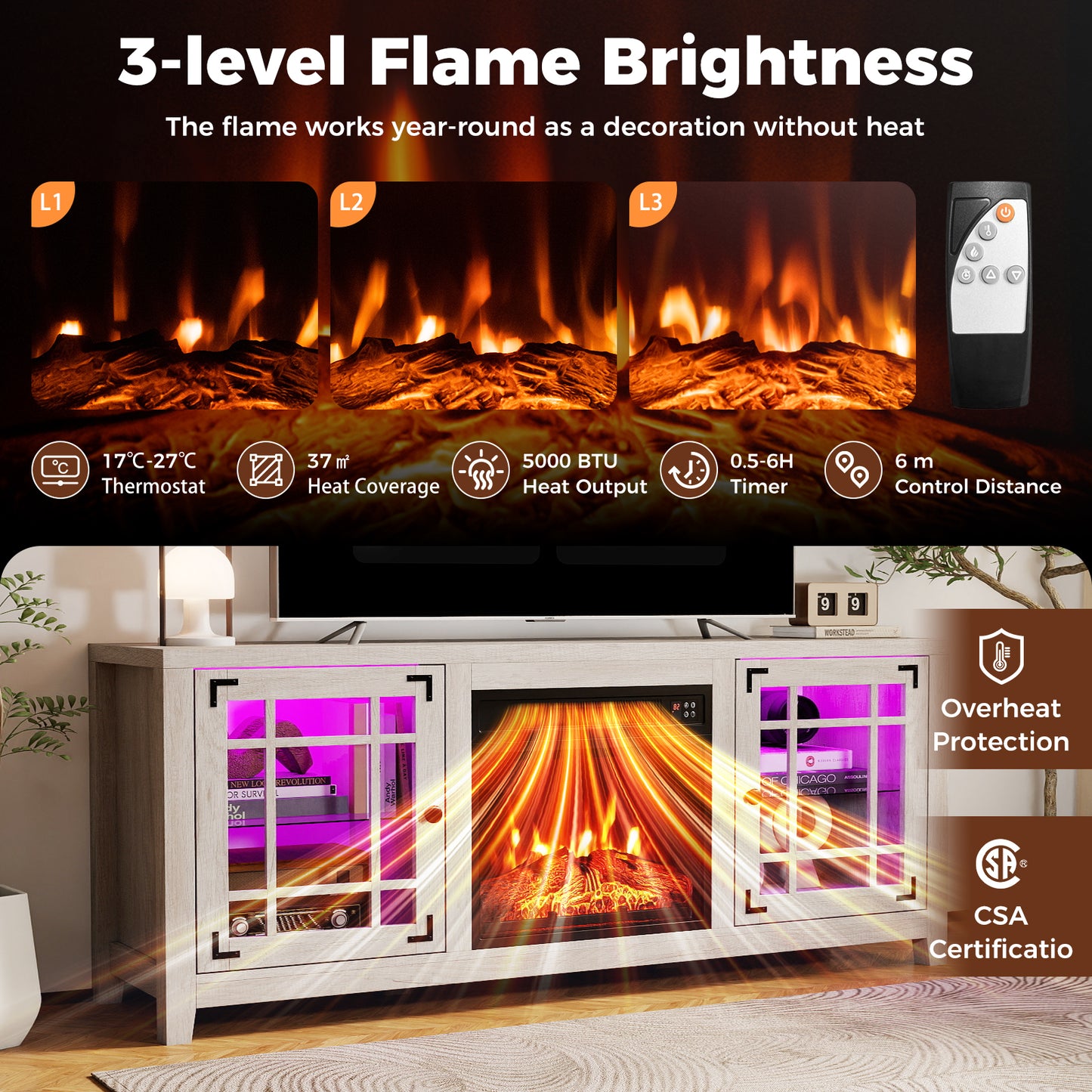 58" Fireplace TV Stand with LED Lights and 18" Electric Fireplace, Natural Fireplaces at Gallery Canada