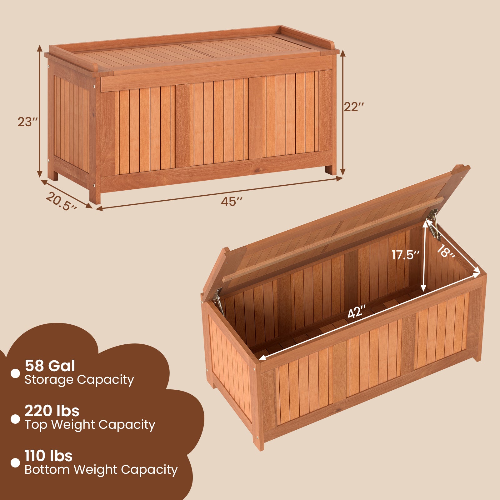 58 Gallon 3-in-1 Patio Wood Deck Box, Flip Top Cushion Storage Sheds & Outdoor Storage at Gallery Canada