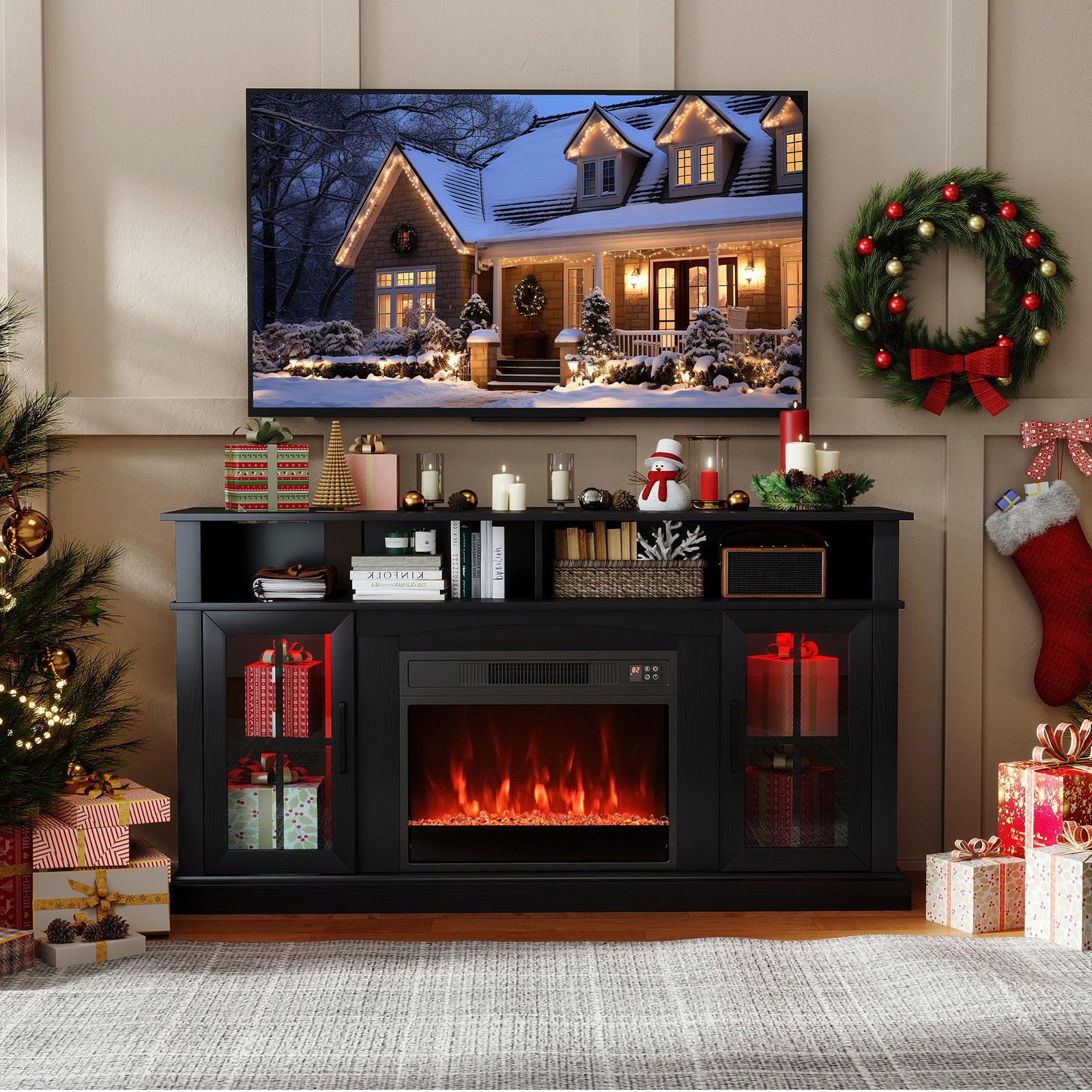58 Inch Fireplace TV Stand with LED Lights with Storage Cabinets and Glass Doors, Black Entertainment Centers & TV Stands at Gallery Canada