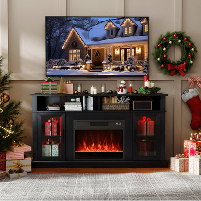 58 Inch Fireplace TV Stand with LED Lights with Storage Cabinets and Glass Doors, Black Entertainment Centers & TV Stands at Gallery Canada