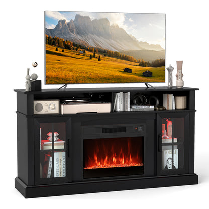 58 Inch Fireplace TV Stand with LED Lights with Storage Cabinets and Glass Doors, Black Entertainment Centers & TV Stands at Gallery Canada
