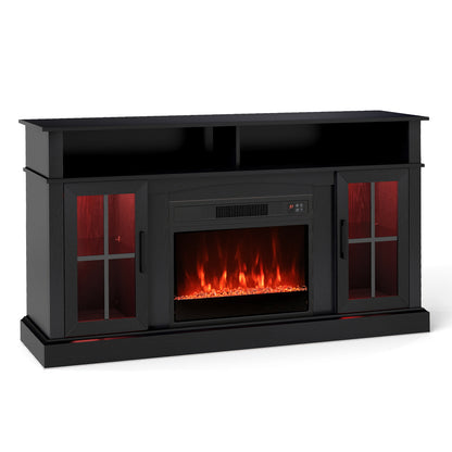 58 Inch Fireplace TV Stand With LED Lights, Storage Cabinets, Glass Doors, Black Entertainment Centers & TV Stands Black at Gallery Canada